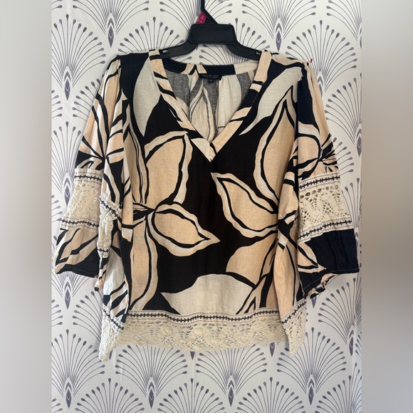 Rachel Zoe Black and Cream Floral linen boho plus size 2X linen top - Picture 1 of 6